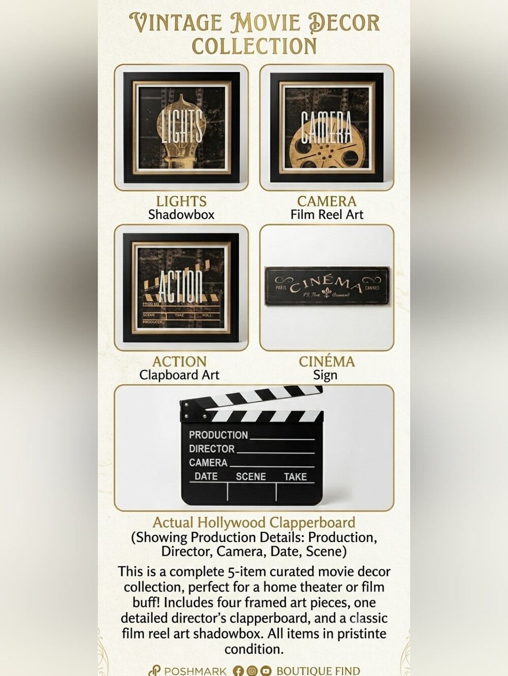 Complete Home Theater Decor Bundle - 5 Framed Prints, Cinema Sign, Hollywood Cla